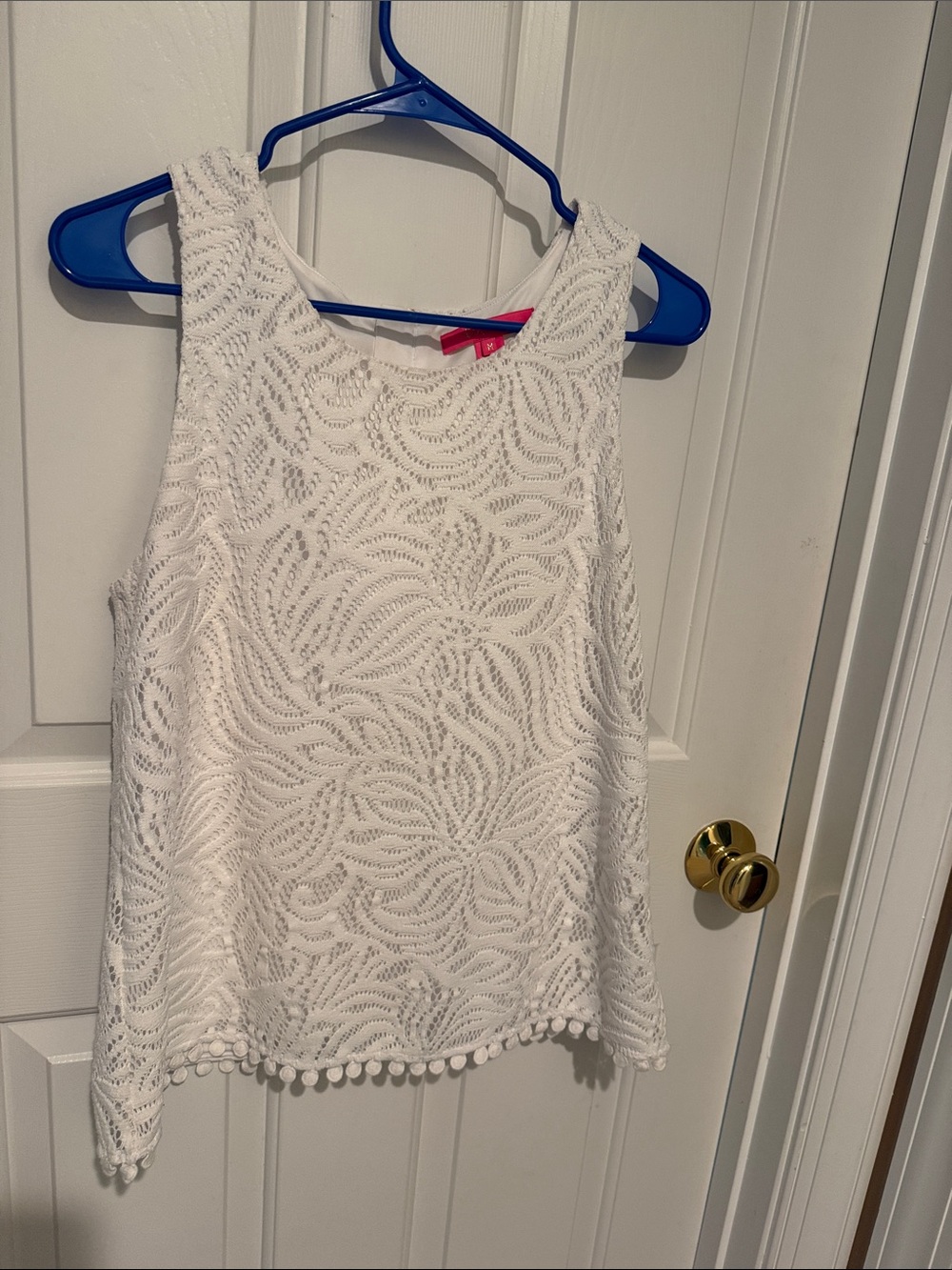 Lilly Pulitzer White Lace Tank Top with Pom-Pom Hem